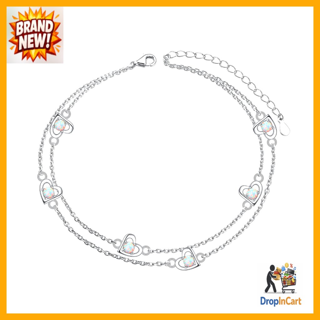 Sterling Silver Adjustable Anklet Heart Charm Opal Elegant Dainty Jewelry